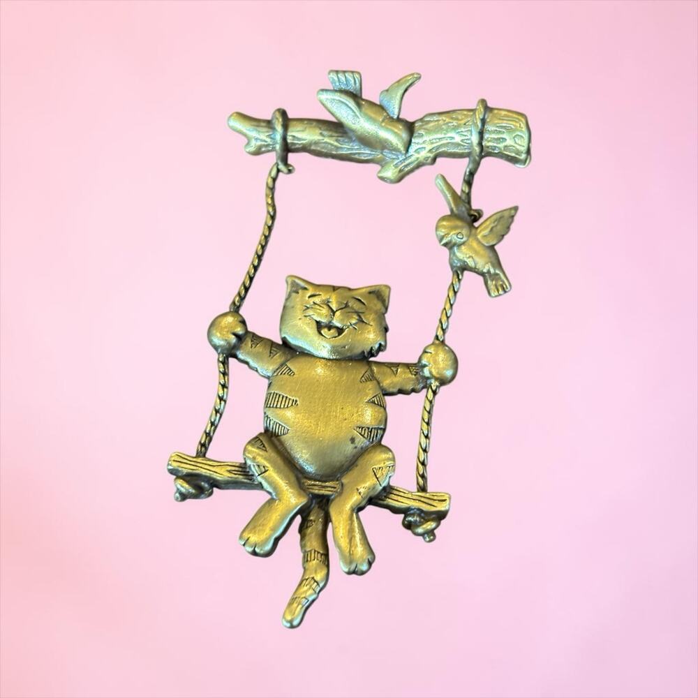 Whimsical JJ Cat on Swing Brooch Dangling Bird Gold Tone Vintage Figural